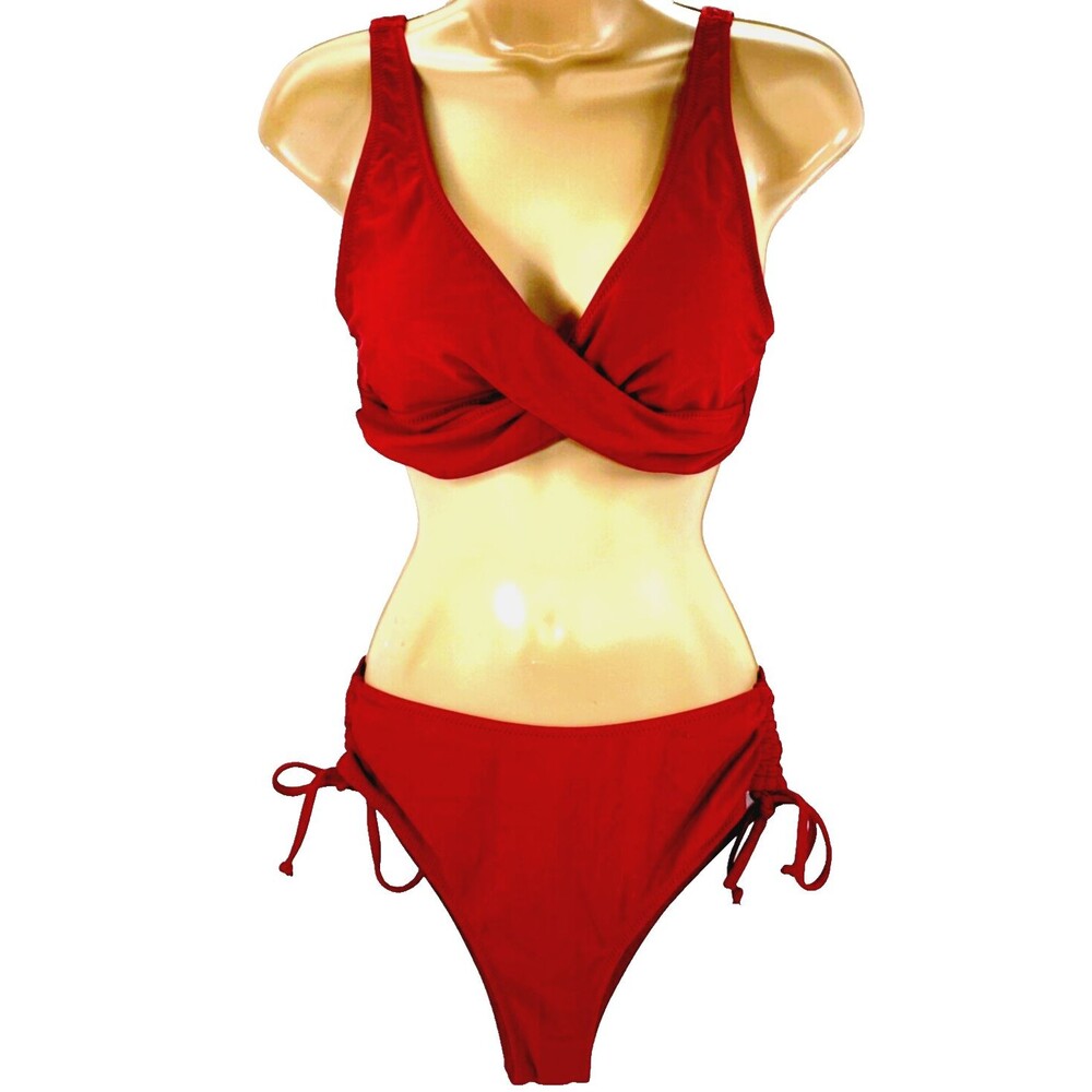 Beachsissi Bikini Cross Front Halter Tie Bottom L Red Swim Suit Babydoll Beach
